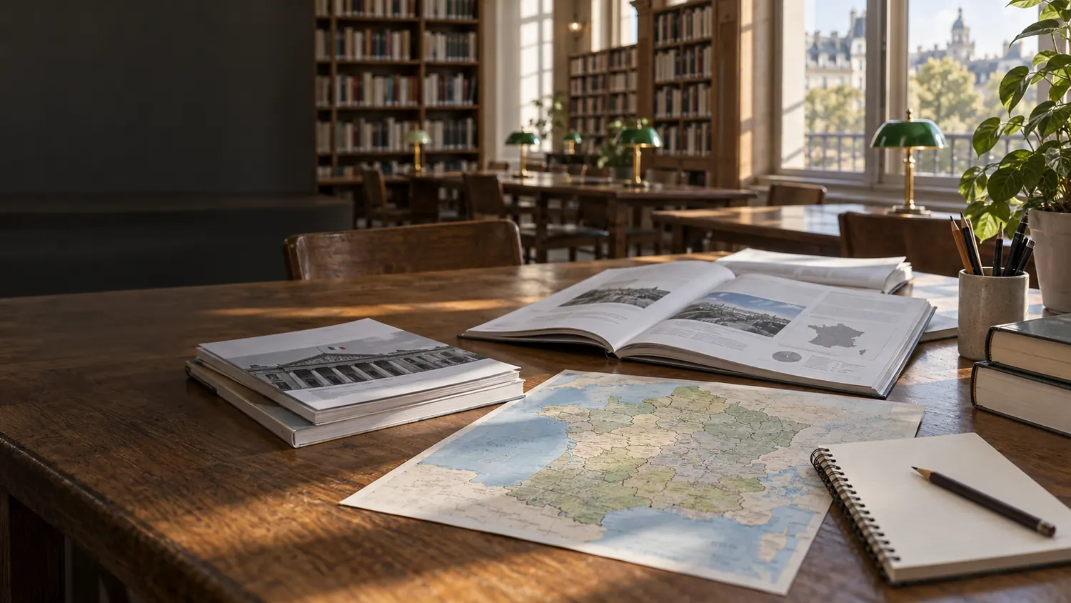 Documents publics et carte de France sur une table de lecture