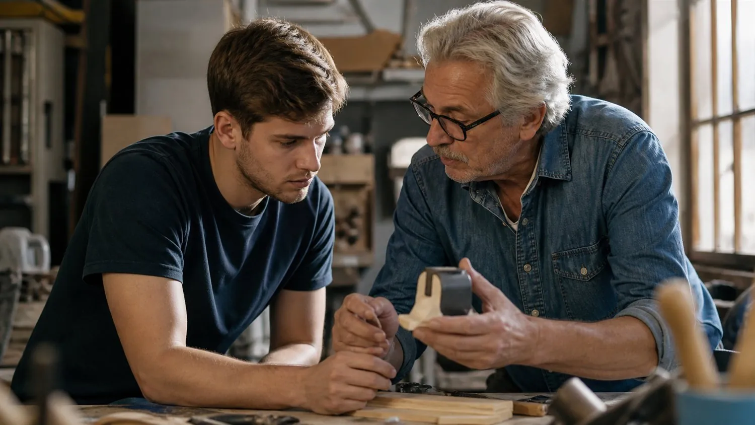 Un jeune entrepreneur et un artisan examinent un prototype