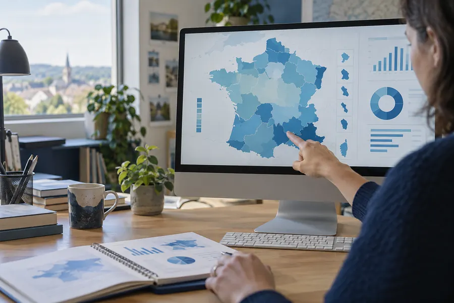 Une analyste compare une carte et des données territoriales