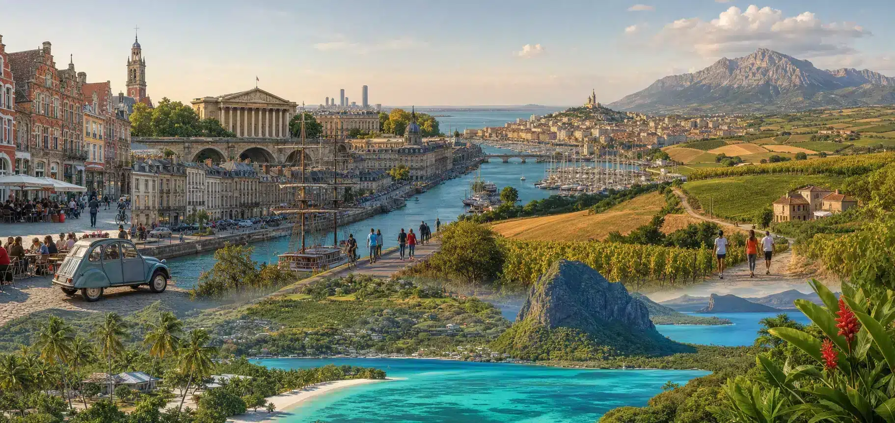 Panorama de paysages, de villes et de littoraux français
