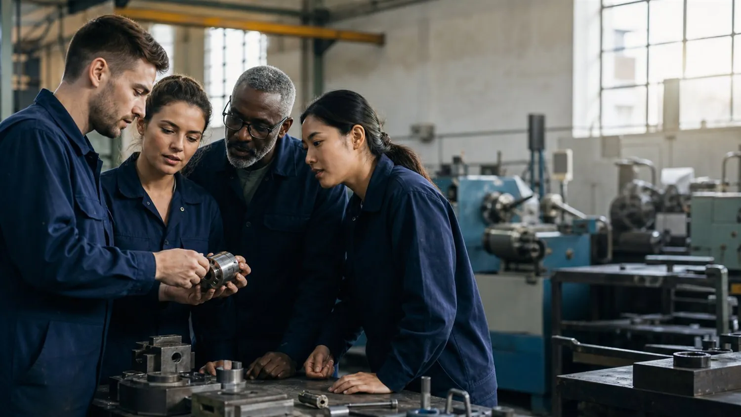 Des professionnels examinent une pièce dans un atelier de production français