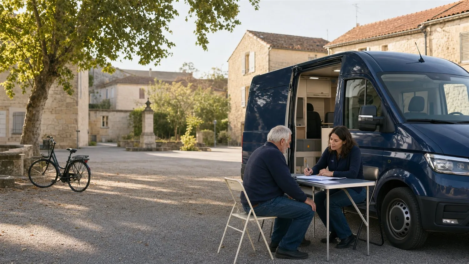 Une conseillère accompagne un habitant devant un service mobile dans un village français