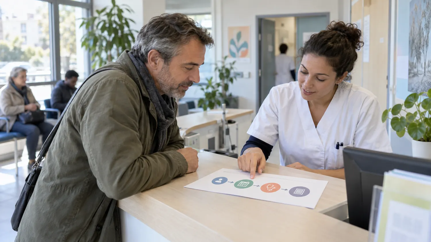 Une patiente et une professionnelle de santé examinent un parcours de rendez-vous dans un centre de santé