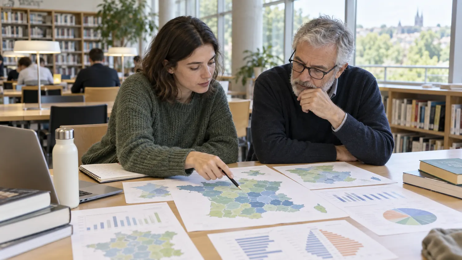 Deux personnes examinent des cartes et graphiques territoriaux dans une bibliothèque