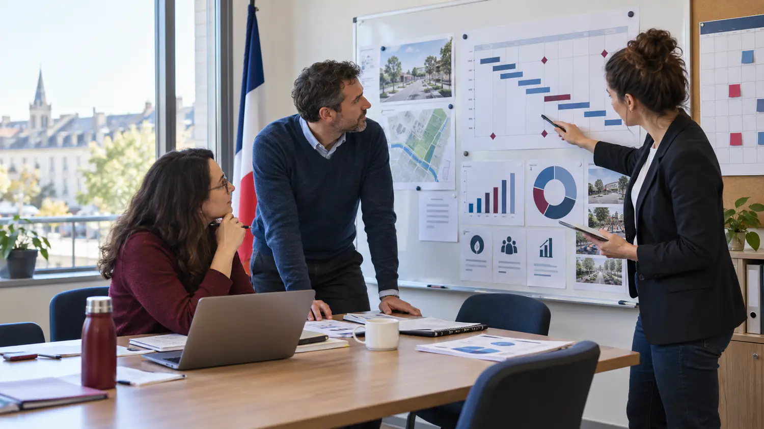 Une équipe examine le calendrier et les indicateurs d’un projet public