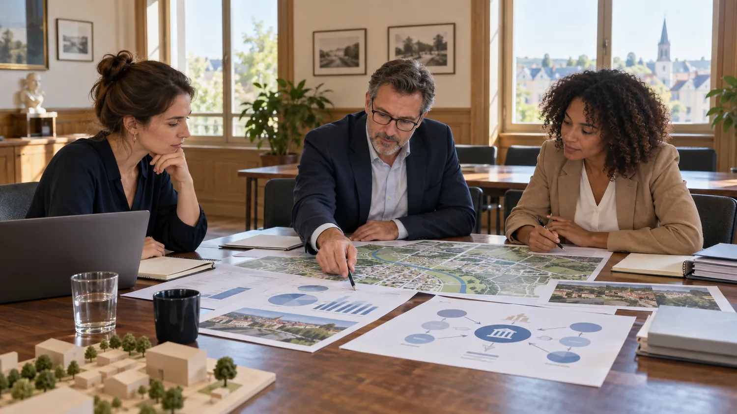Trois personnes examinent un plan urbain et des documents budgétaires autour d’une table