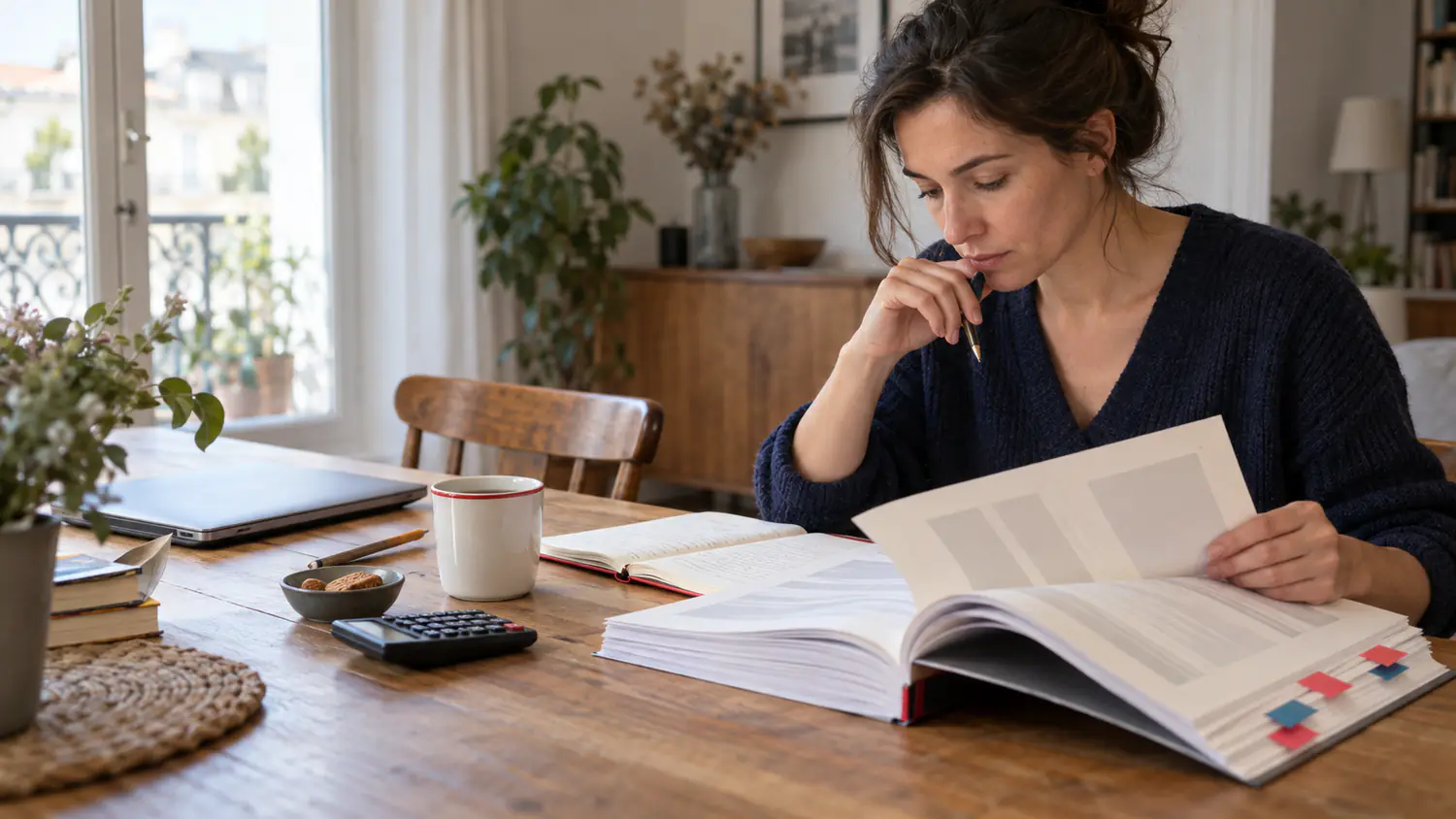 Une citoyenne étudie un programme imprimé avec un carnet et une calculatrice