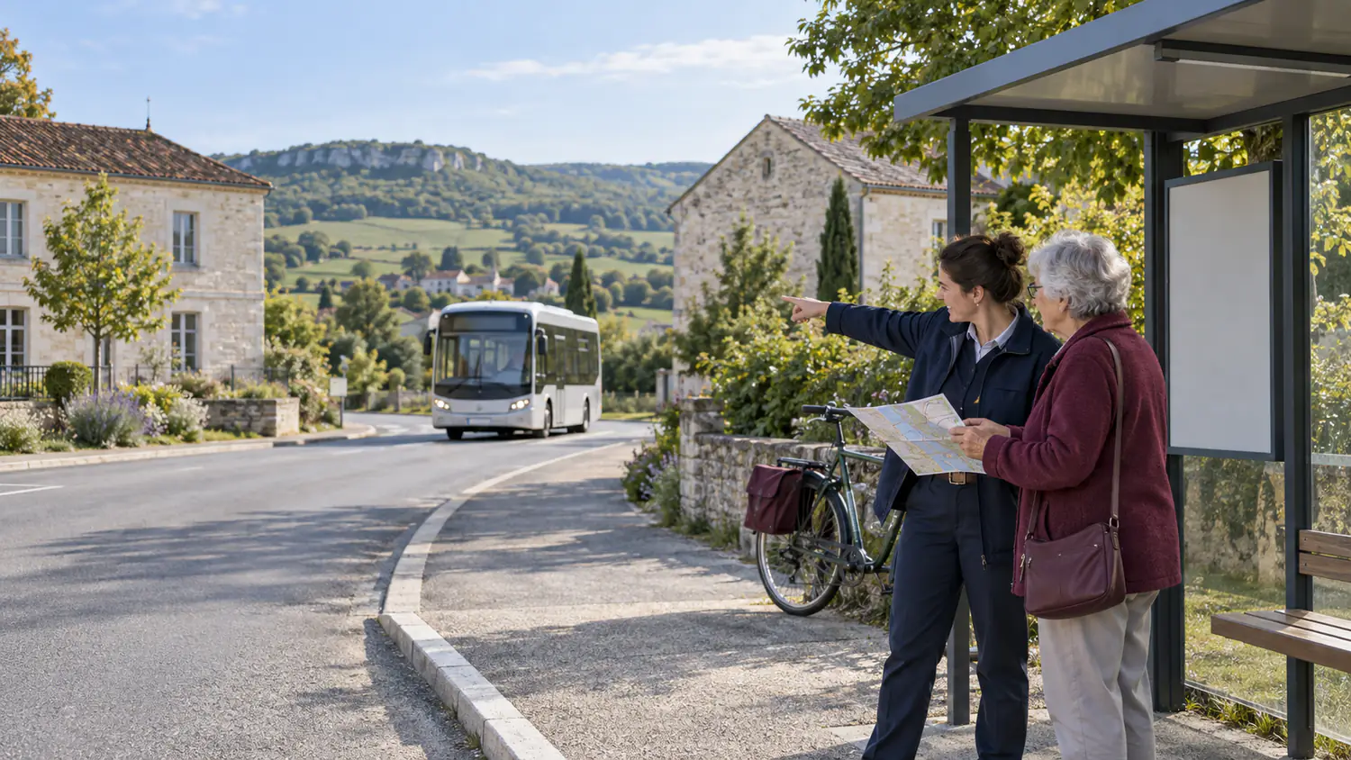 Une agente aide une habitante à organiser son trajet en bus dans une commune rurale