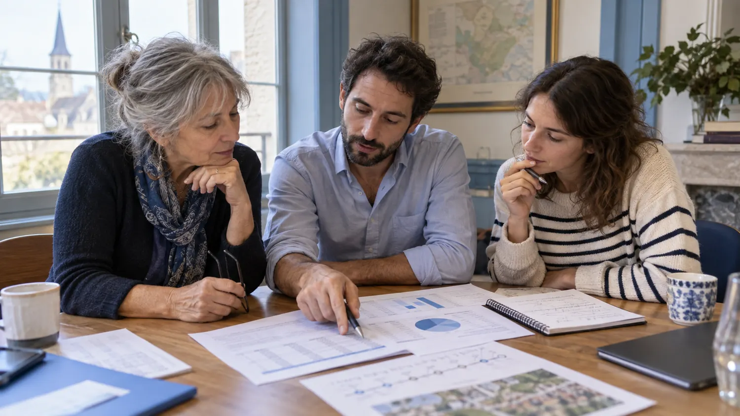 Trois habitants examinent les documents et le calendrier d’un projet local