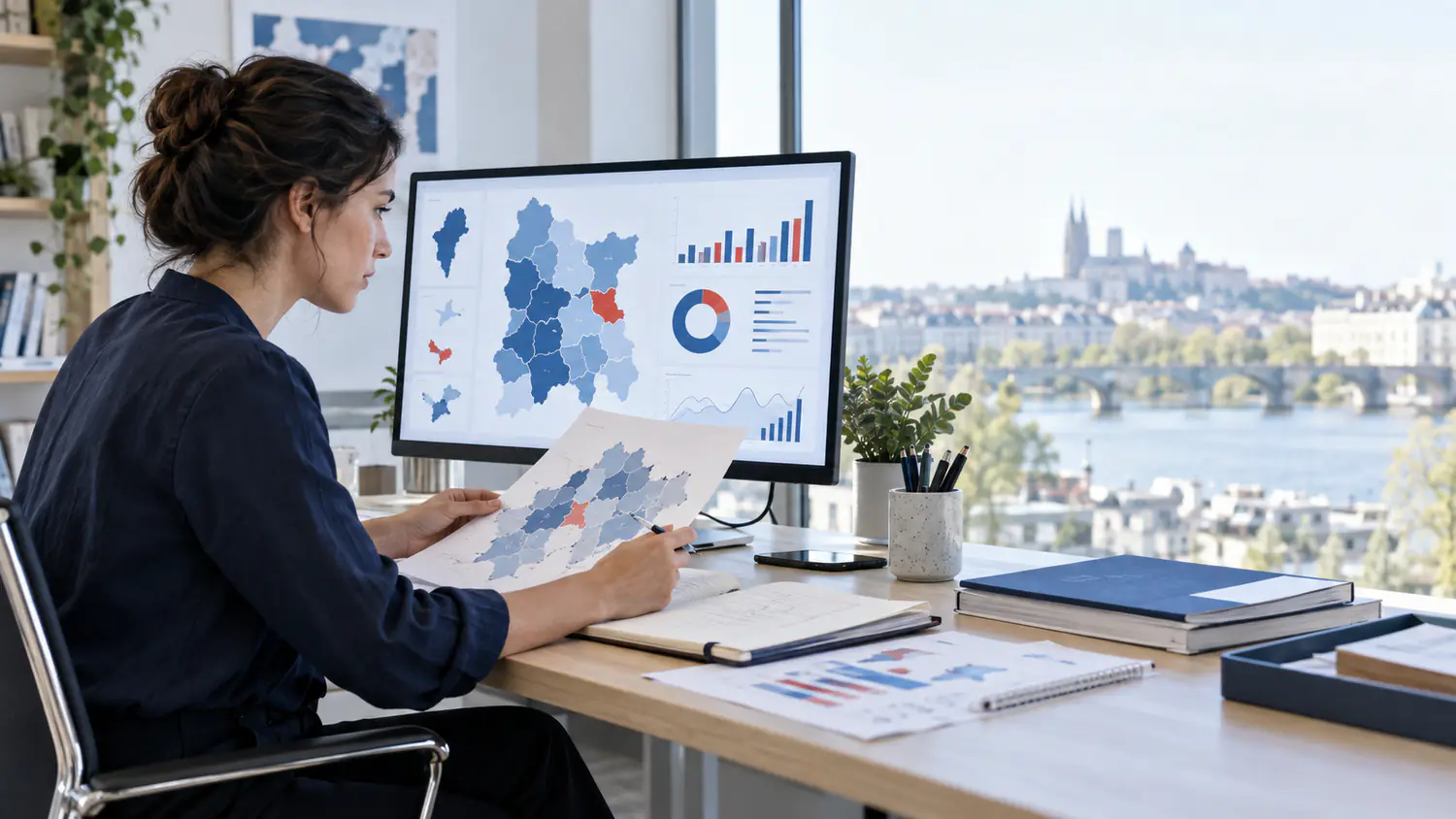 Une analyste compare des statistiques publiques et des données territoriales