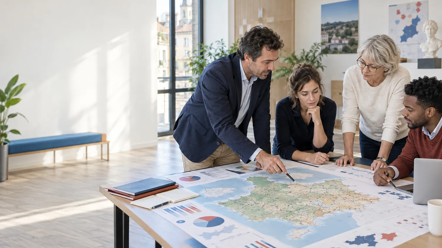 Des analystes et représentants locaux étudient une carte et des données territoriales de la France