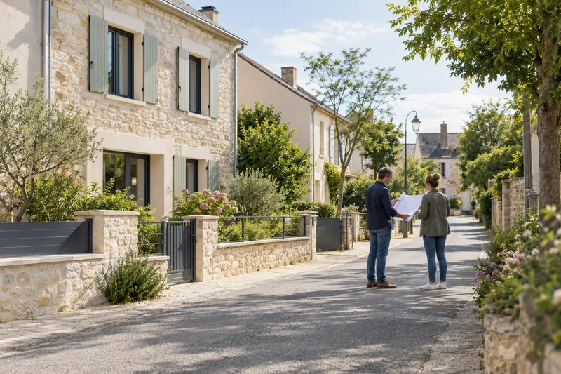 Des habitants examinent un plan dans une rue imaginaire