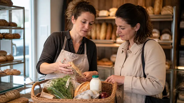 Une salariée d’une boulangerie échange avec une cliente autour d’un panier de produits du quotidien