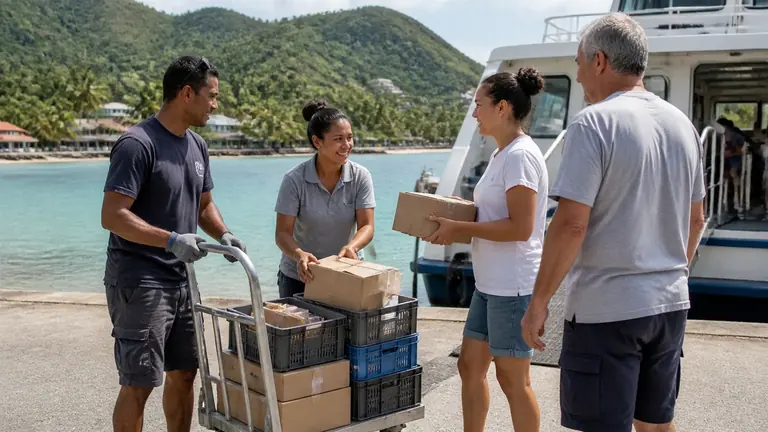Des habitants et agents logistiques réceptionnent des fournitures essentielles sur un quai insulaire