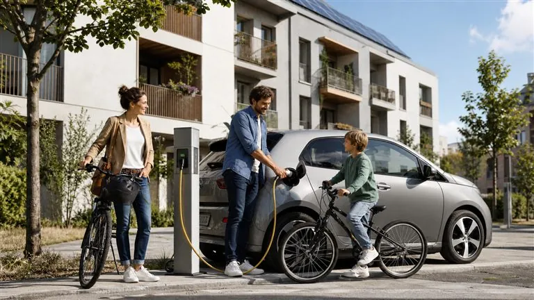 Une famille utilise des mobilités du quotidien près d’un immeuble rénové