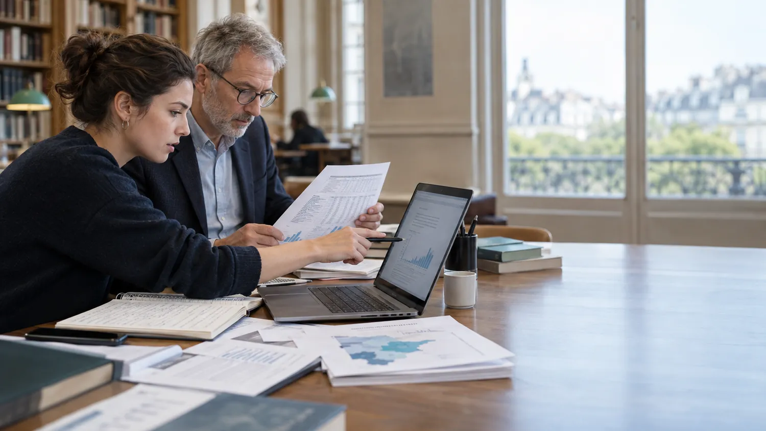 Deux chercheurs vérifient ensemble des statistiques et leurs documents sources