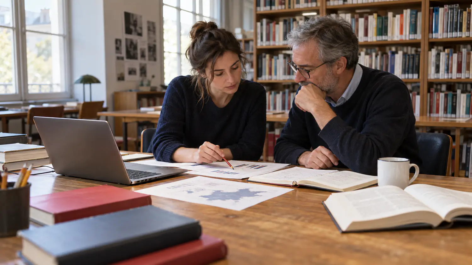 Deux personnes vérifient des données et des documents dans une bibliothèque imaginaire