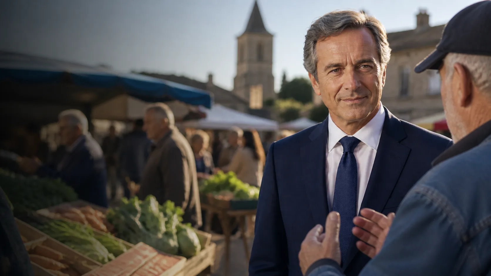 Vincent Ferrer échange avec des habitants sur un marché français