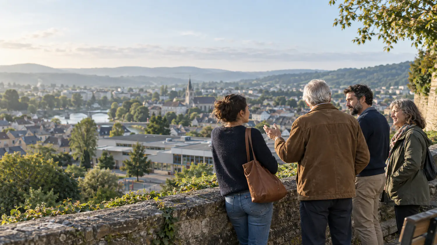 Quatre habitants de générations différentes échangent face à une ville imaginaire